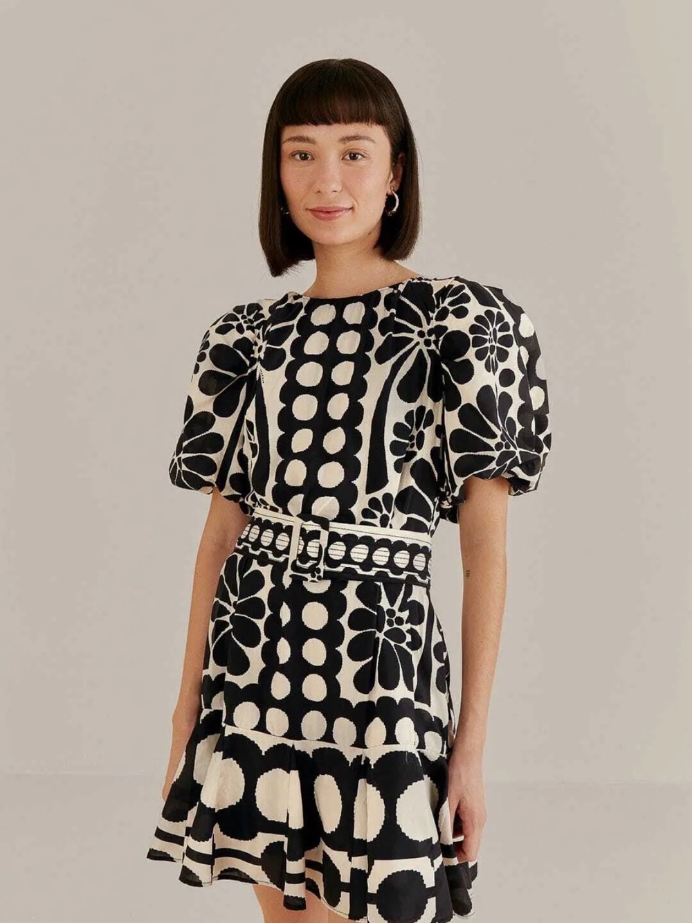 Farm Rio Black & White Puff-Sleeve Floral Dot Dress